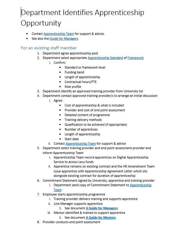 Click to view aprrenticeships at the Univerity process flowchart text version